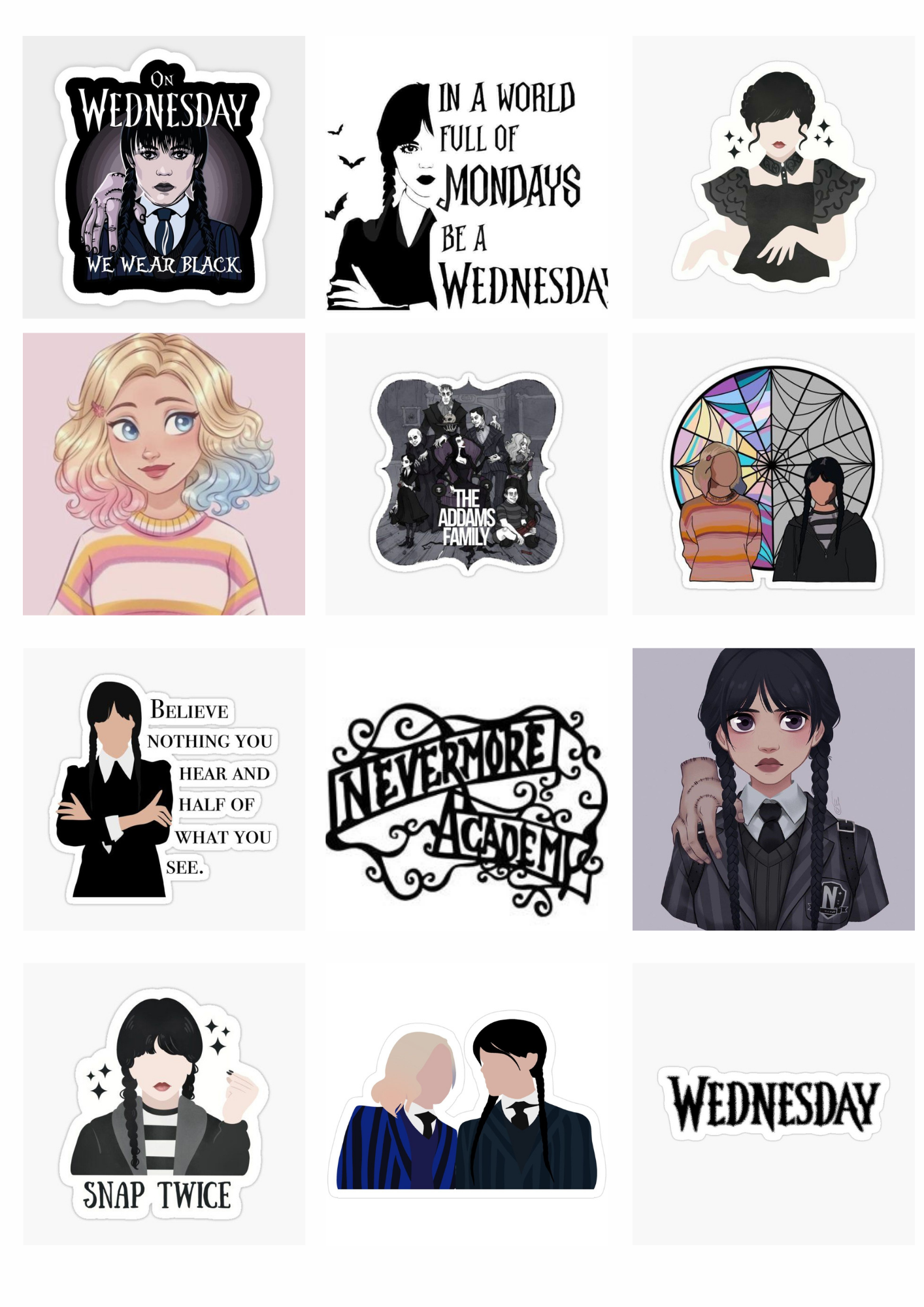 Wednesday Admas Series Sticker Pack | Set of 3 Sheets (2.5 Inch Stickers)